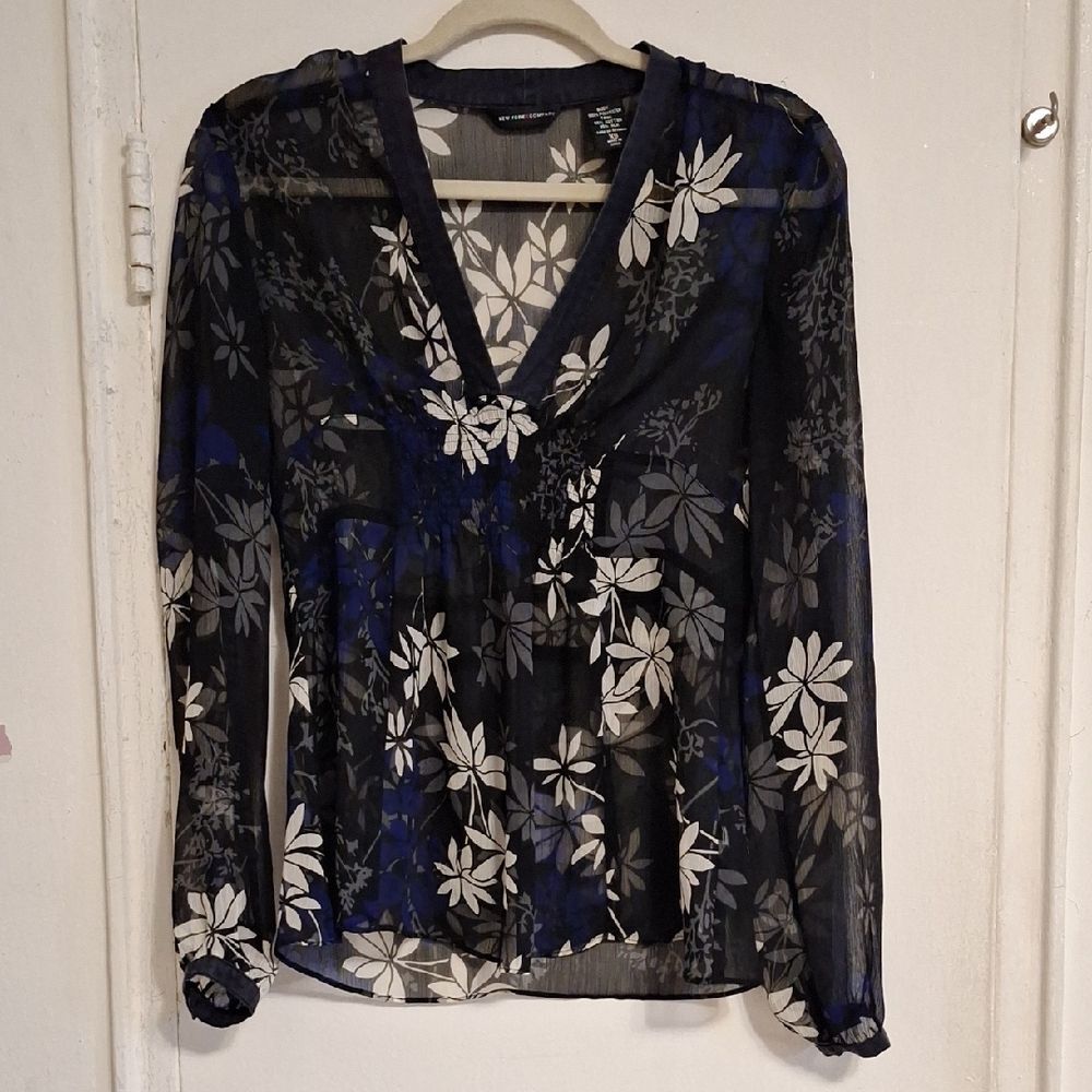 Floral Sheer V-Neck Blouse - Black and Blue